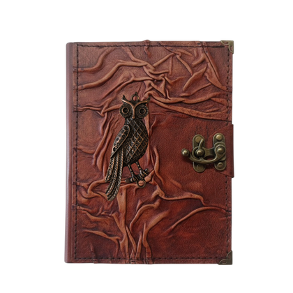 Genuine Sheepskin Leather Journal, Blank Chamois Paper | Full Wrinkled | Antique Metal Motif | Side Profile Owl