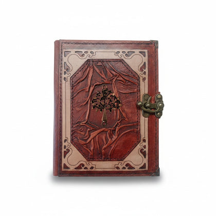 Genuine Sheepskin Leather Journal, Blank Chamois Paper | Wrinkled Classic Frame | Antique Metal Motif | Floral Tree of Life