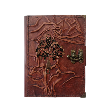 Genuine Sheepskin Leather Journal, Blank Chamois Paper | Full Wrinkled | Antique Metal Motif | Floral Tree of Life