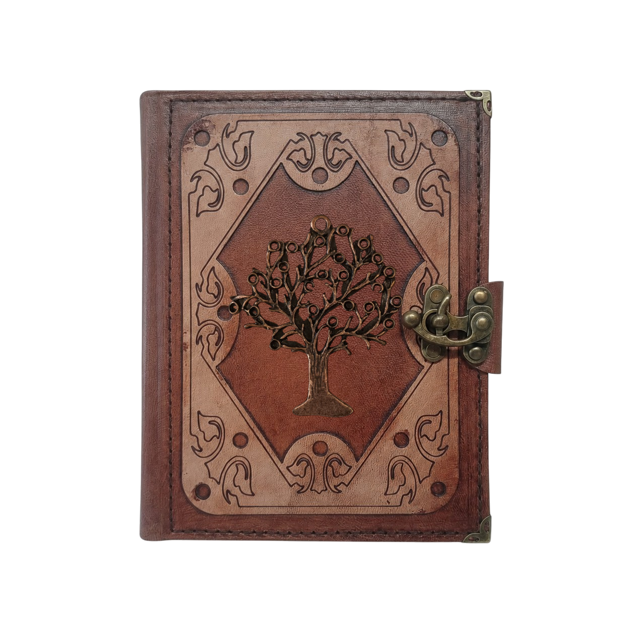 Genuine Sheepskin Leather Journal, Blank Chamois Paper | Layered Frame | Antique Metal Motif | Abstract Tree of Life