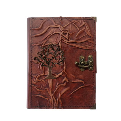 Genuine Sheepskin Leather Journal, Blank Chamois Paper | Full Wrinkled | Antique Metal Motif | Abstract Tree of Life