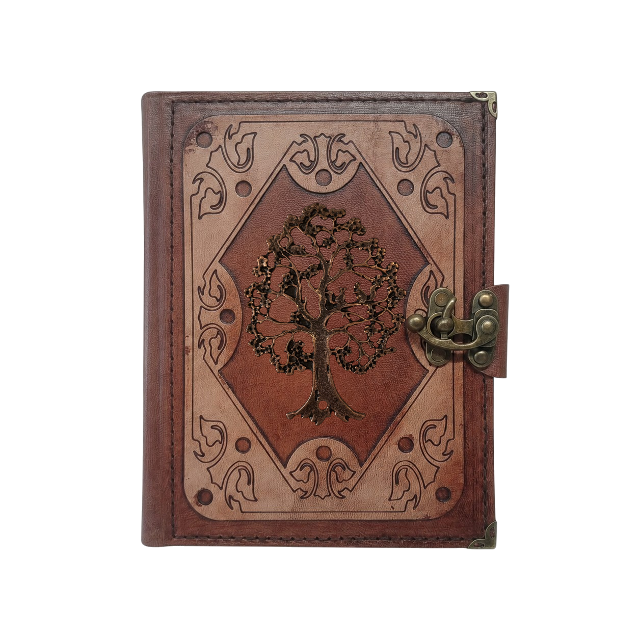 Genuine Sheepskin Leather Journal, Blank Chamois Paper | Layered Frame | Antique Metal Motif | Woodland Tree of Life
