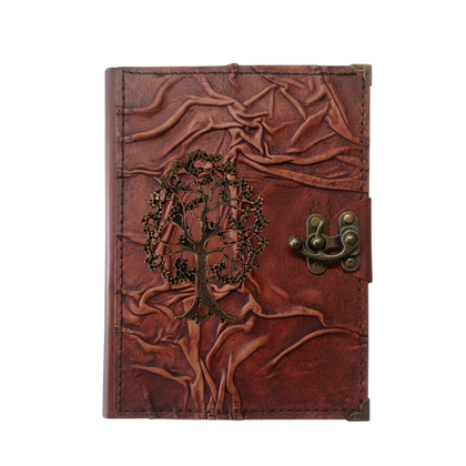 Genuine Sheepskin Leather Journal, Blank Chamois Paper | Full Wrinkled | Antique Metal Motif | Woodland Tree of Life