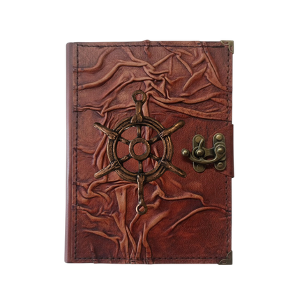 Genuine Sheepskin Leather Journal, Blank Chamois Paper | Full Wrinkled | Antique Metal Motif | Nautical Ship Wheel