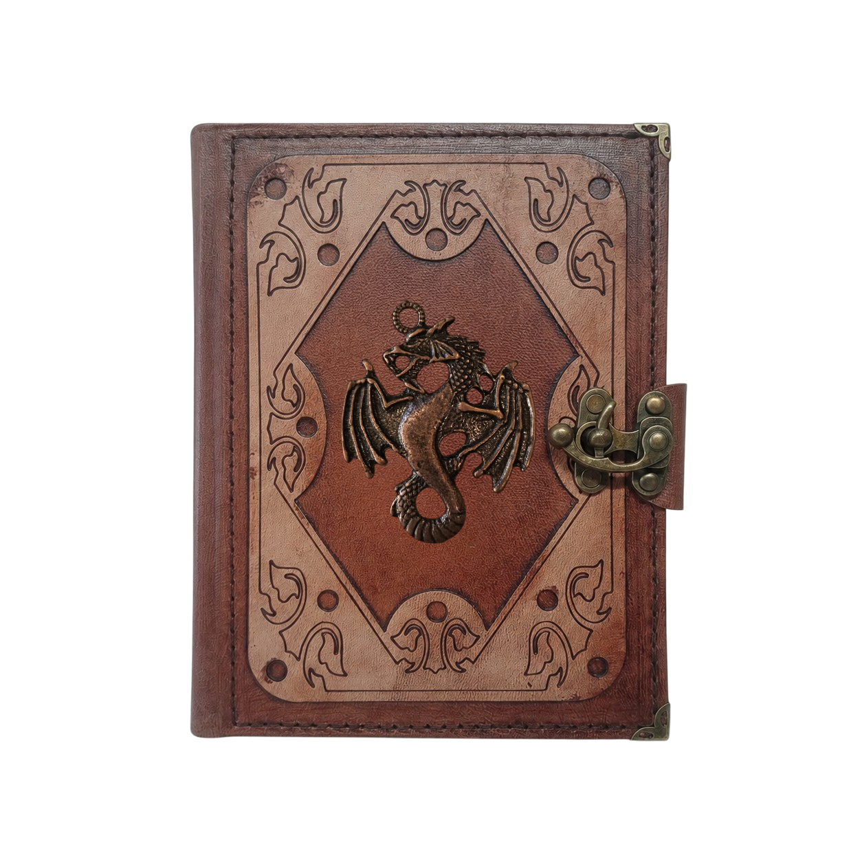 Genuine Sheepskin Leather Journal, Blank Chamois Paper | Layered Frame | Antique Metal Motif | Winged Serpent Dragon