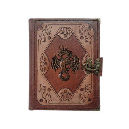 Genuine Sheepskin Leather Journal, Blank Chamois Paper | Layered Frame | Antique Metal Motif | Winged Serpent Dragon