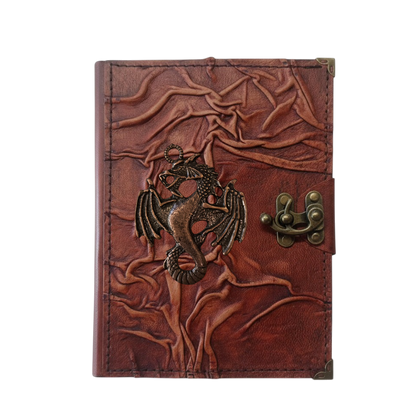 Genuine Sheepskin Leather Journal, Blank Chamois Paper | Full Wrinkled | Antique Metal Motif | Winged Serpent Dragon