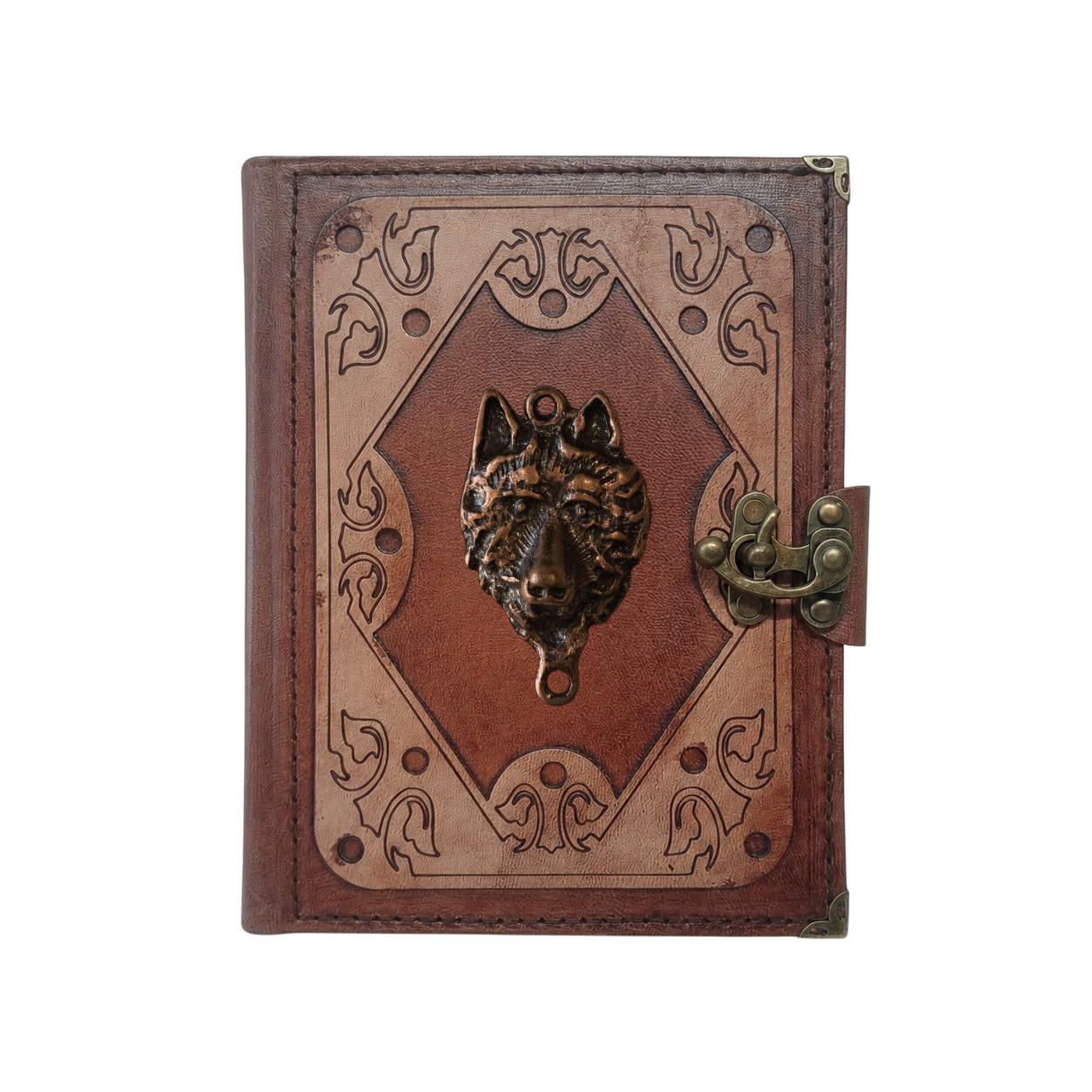 Genuine Sheepskin Leather Journal, Blank Chamois Paper | Layered Frame | Antique Metal Motif | Wolf Head