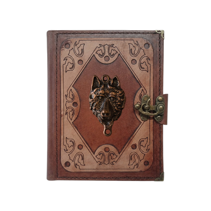 Genuine Sheepskin Leather Journal, Blank Chamois Paper | Layered Frame | Antique Metal Motif | Wolf Head