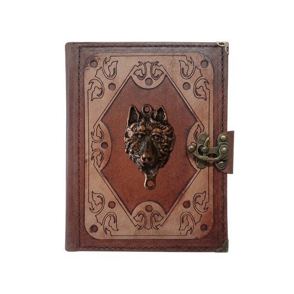 Genuine Sheepskin Leather Journal, Blank Chamois Paper | Layered Frame | Antique Metal Motif | Wolf Head