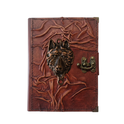 Genuine Sheepskin Leather Journal, Blank Chamois Paper | Full Wrinkled | Antique Metal Motif | Wolf Head