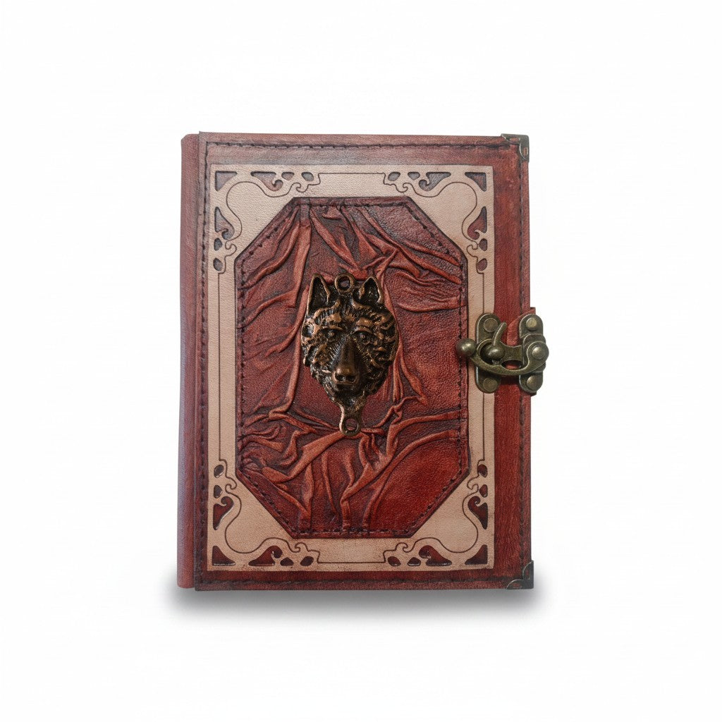 Genuine Sheepskin Leather Journal, Blank Chamois Paper | Wrinkled Classic Frame | Antique Metal Motif | Wolf Head